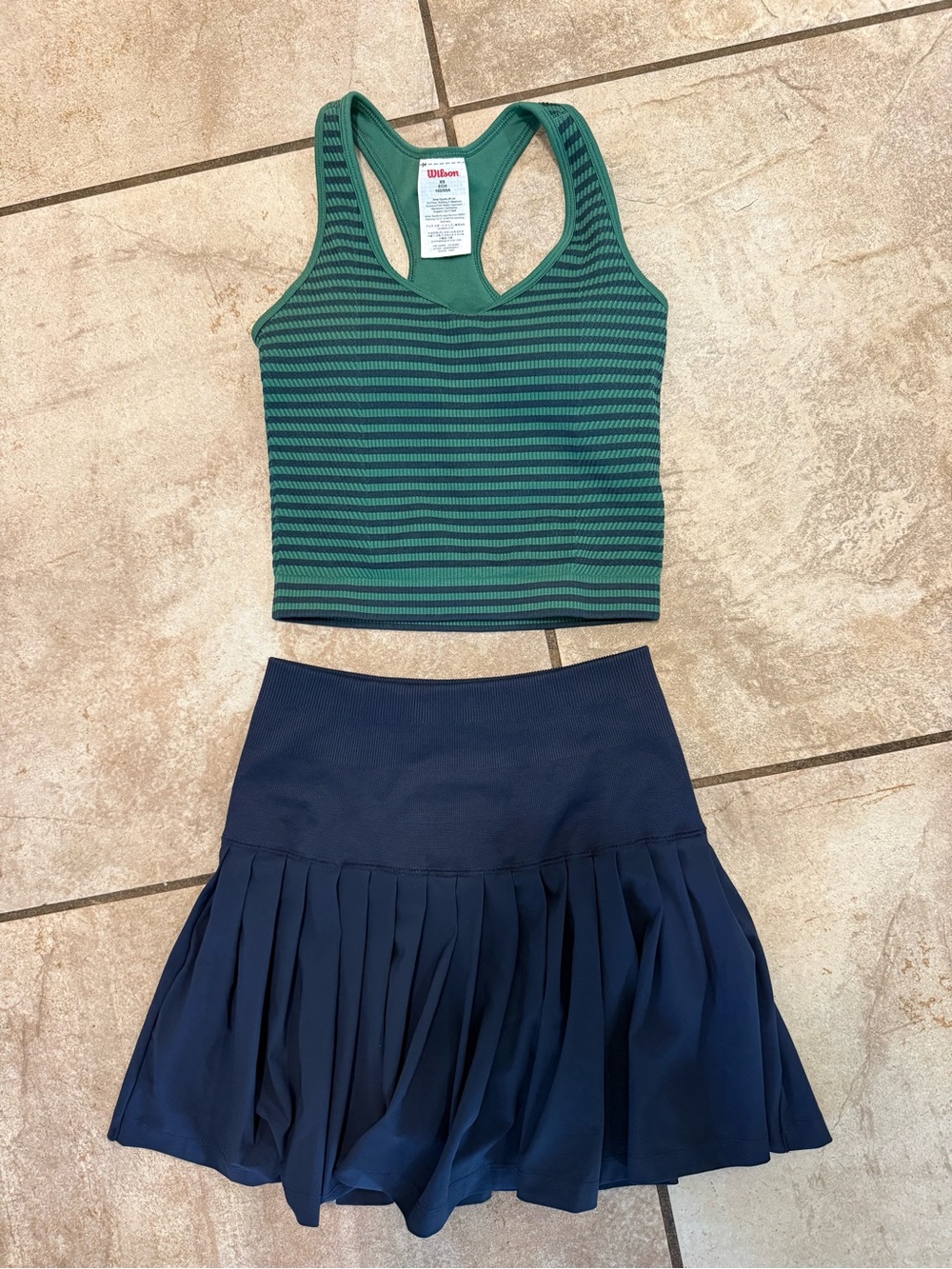 Wilson Green Striped Racerback Crop Top with Navy Pleated Skirt - set